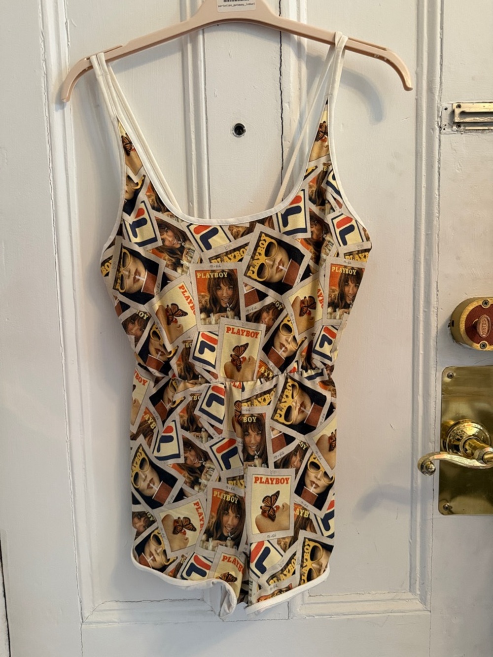 New! Fila x Playboy Cream Graphic Print Bodysuit Romper, size small
